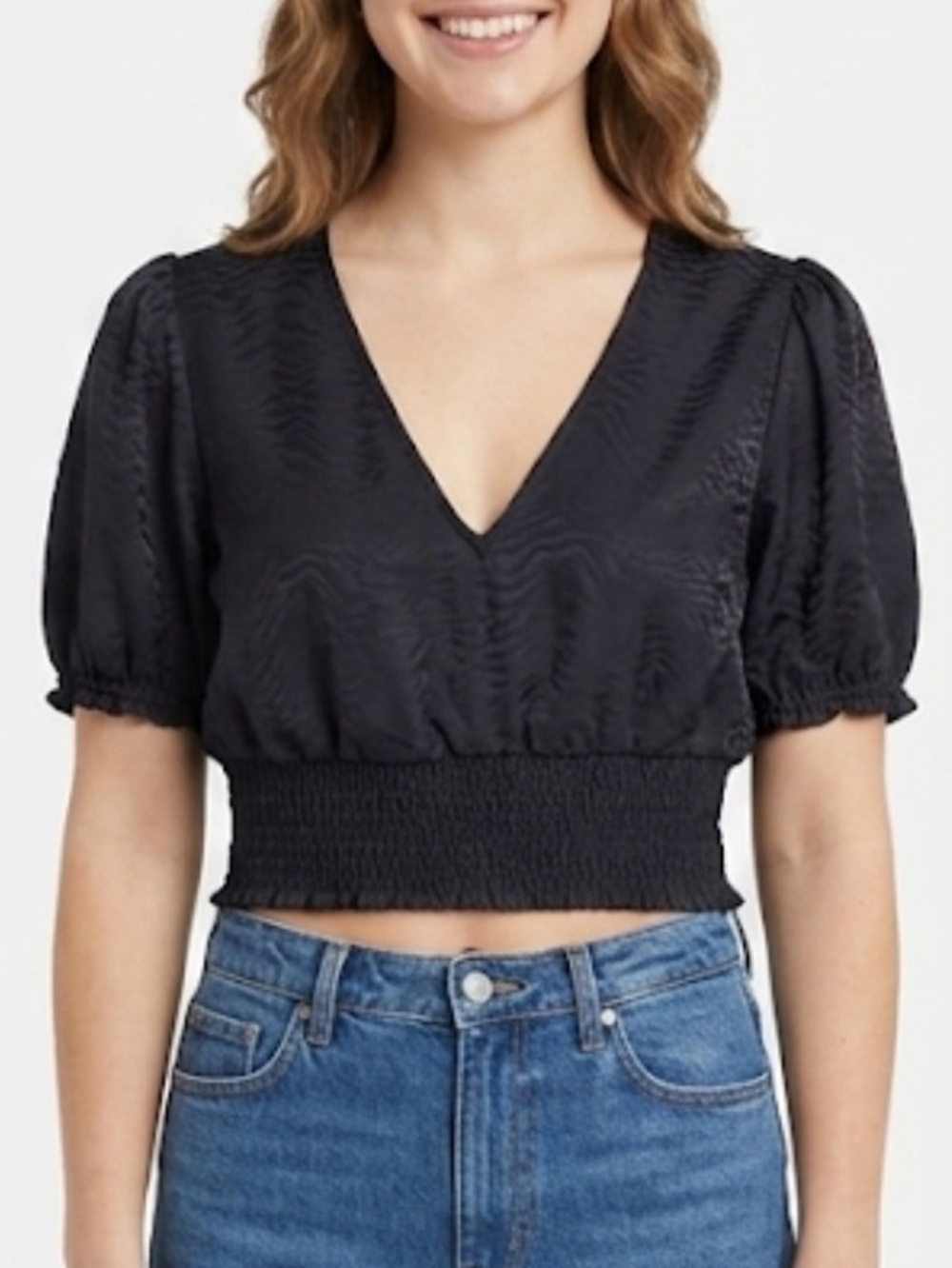 BAR III Medium Black Satin Animal Print Vneck Cropped Top Coquette Festival Goth